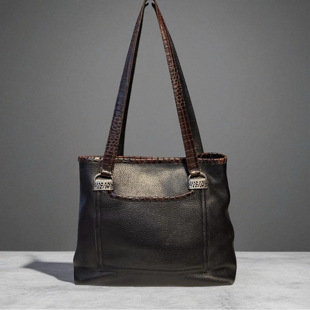 Brighton Leather Shoulder Bag Croc Embossed Trim Silver Hardware23” Strap Drop